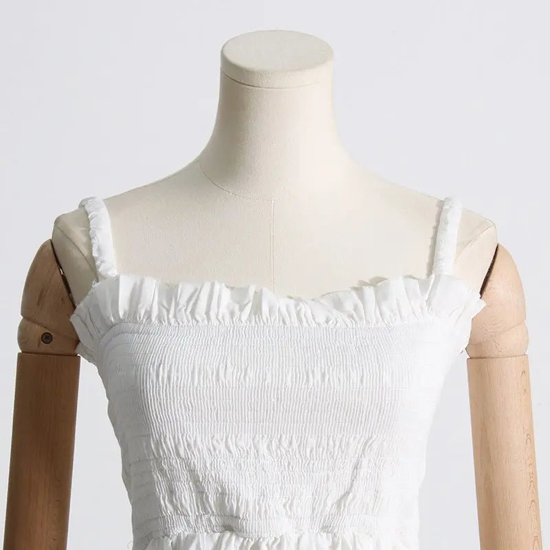 Pleated suspender long solid color full skirt dress - Blade & Thread