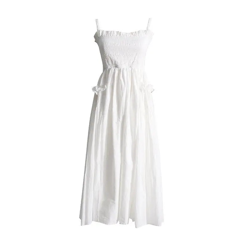 Pleated suspender long solid color full skirt dress - Blade & Thread