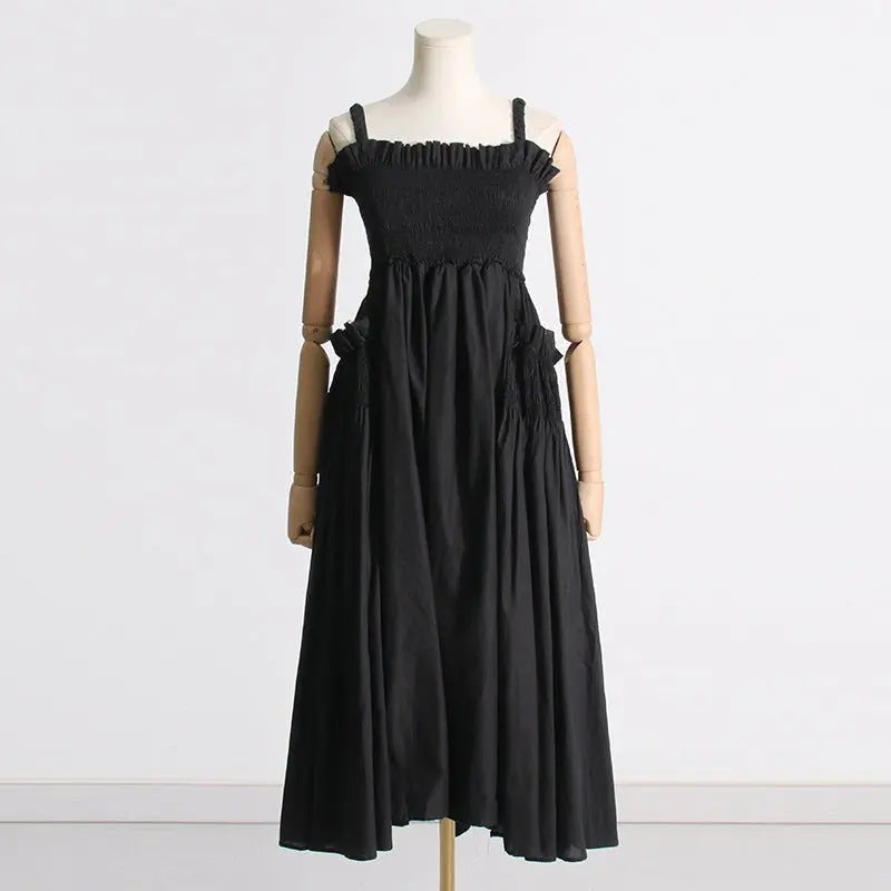 Pleated suspender long solid color full skirt dress - Blade & Thread
