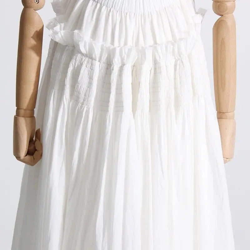 Pleated suspender long solid color full skirt dress - Blade & Thread