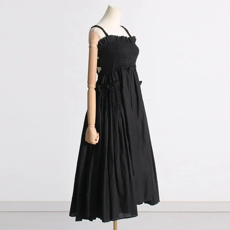 Pleated suspender long solid color full skirt dress - Blade & Thread