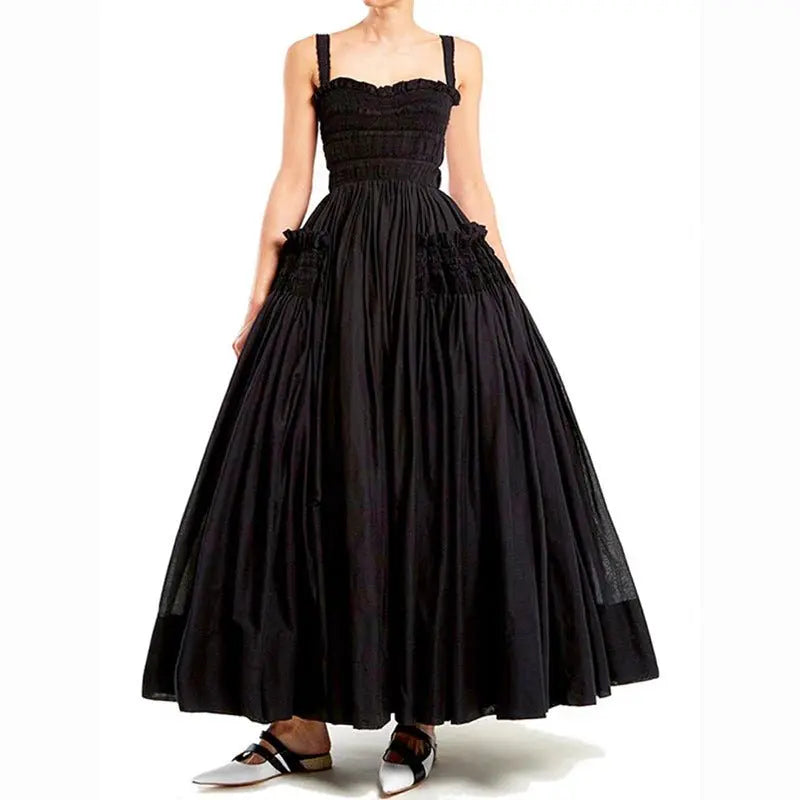 Pleated suspender long solid color full skirt dress - Blade & Thread