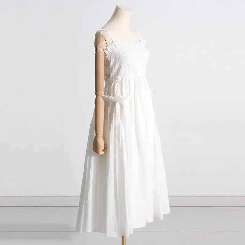 Pleated suspender long solid color full skirt dress - Blade & Thread