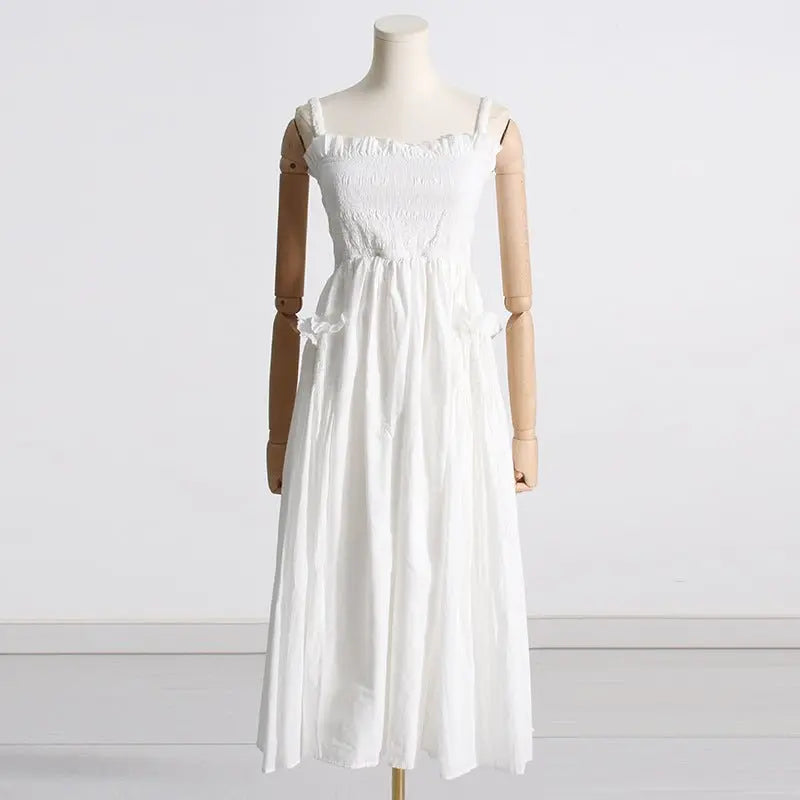Pleated suspender long solid color full skirt dress - Blade & Thread