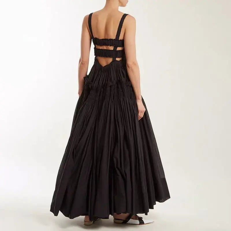Pleated suspender long solid color full skirt dress - Blade & Thread