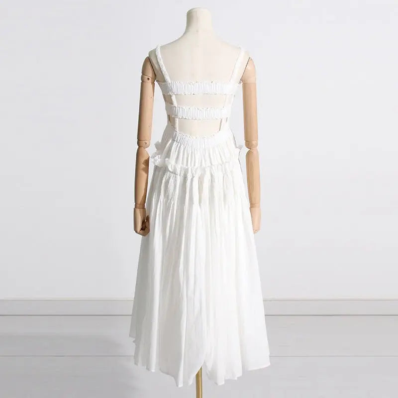 Pleated suspender long solid color full skirt dress - Blade & Thread