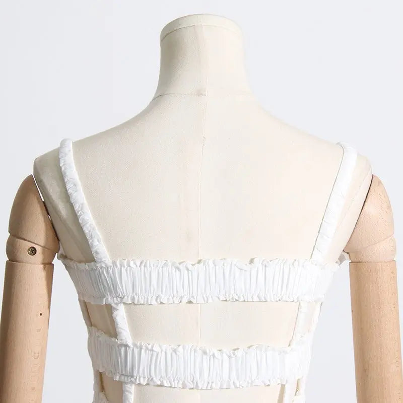 Pleated suspender long solid color full skirt dress - Blade & Thread