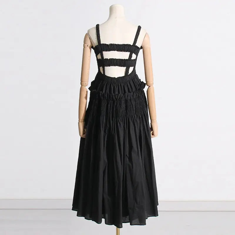 Pleated suspender long solid color full skirt dress - Blade & Thread