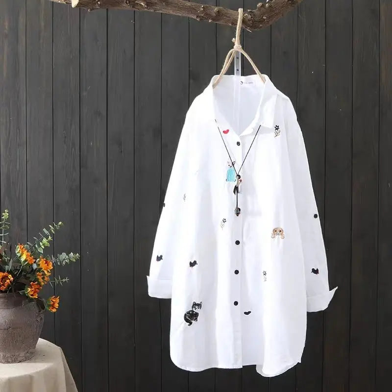 Plus size Cotton Embroidery women loose long white shirts casual ladies blouse - Blade & Thread