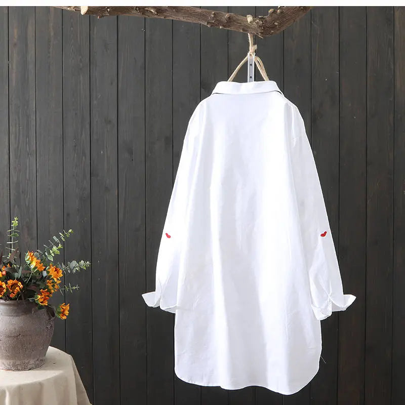 Plus size Cotton Embroidery women loose long white shirts casual ladies blouse - Blade & Thread