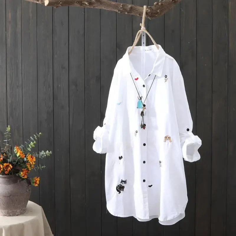 Plus size Cotton Embroidery women loose long white shirts casual ladies blouse - Blade & Thread