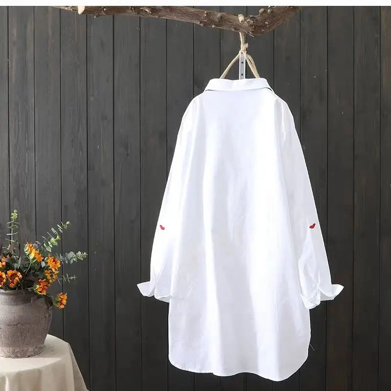 Plus size Cotton Embroidery women loose long white shirts casual ladies blouse - Blade & Thread