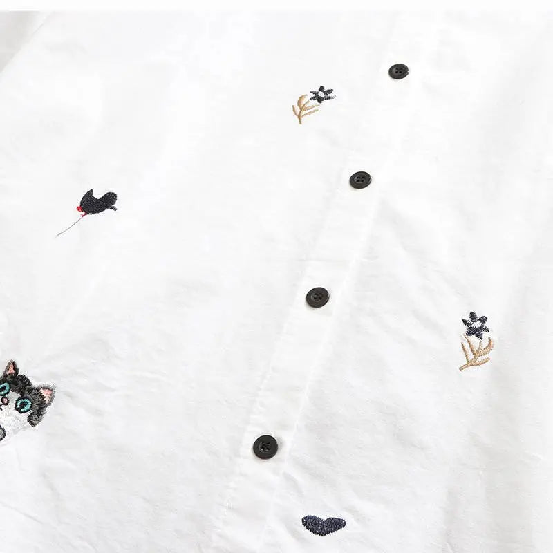 Plus size Cotton Embroidery women loose long white shirts casual ladies blouse - Blade & Thread