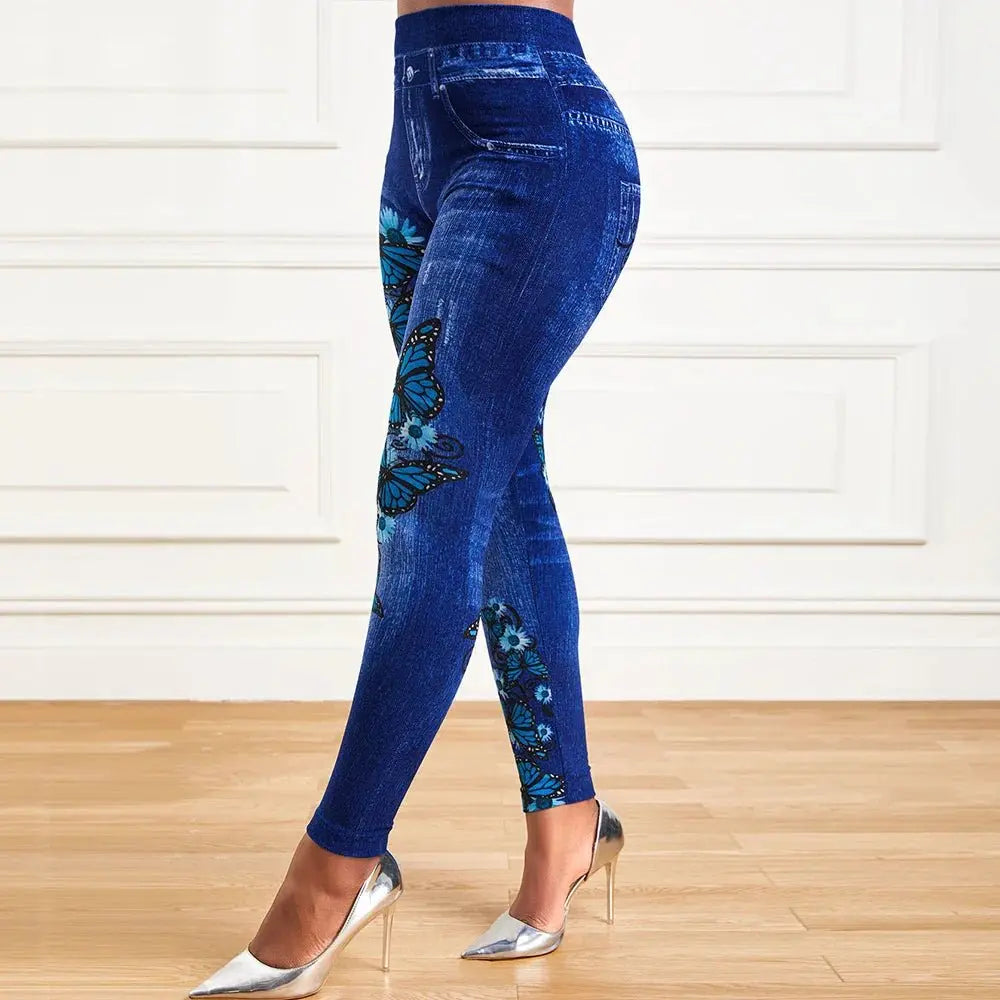 Plus Size Oversized Women High Waist Stretchy Legging Denim Look Skinny Jeggings - Blade & Thread