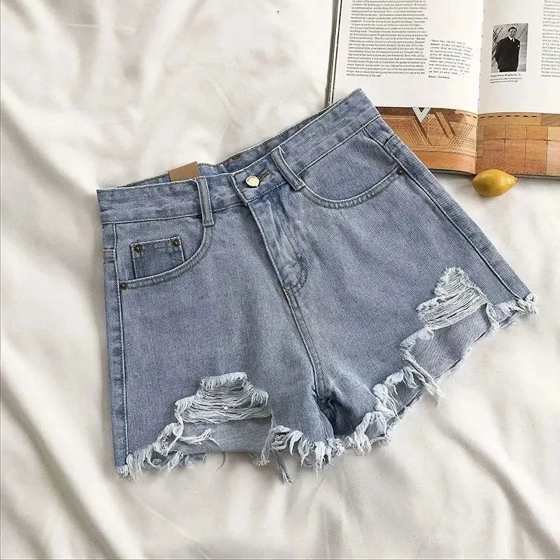 Pocket Tassel Perforated Denim Shorts Female - Blade & Thread