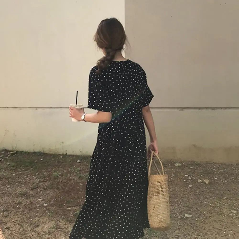 Polka Dot Slim Waist Bandage Long Dress Female Vintage Vestidos with Belt Sundress - Blade & Thread