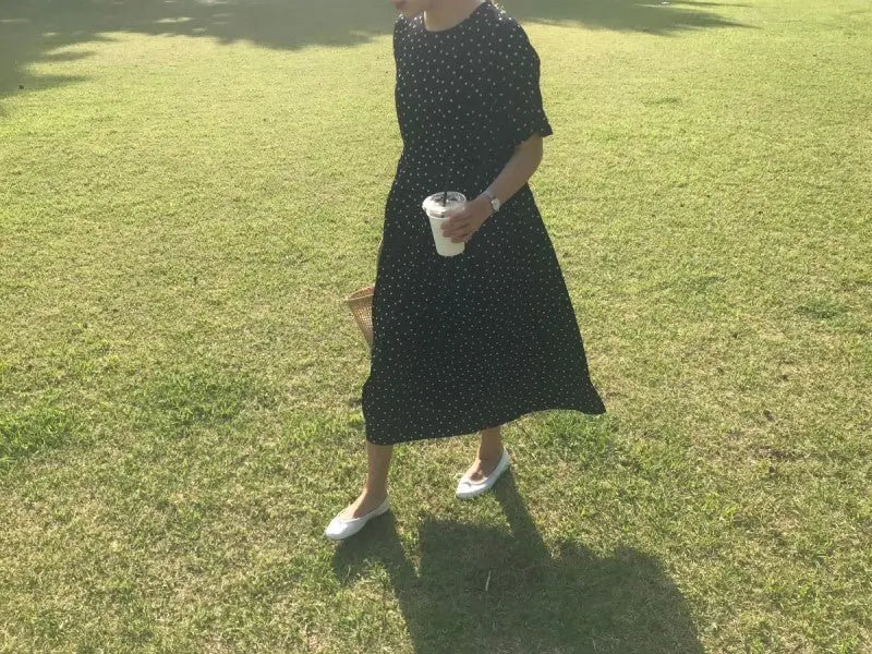 Polka Dot Slim Waist Bandage Long Dress Female Vintage Vestidos with Belt Sundress - Blade & Thread