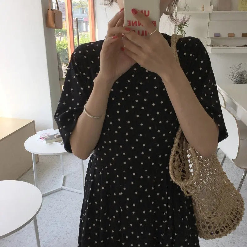 Polka Dot Slim Waist Bandage Long Dress Female Vintage Vestidos with Belt Sundress - Blade & Thread