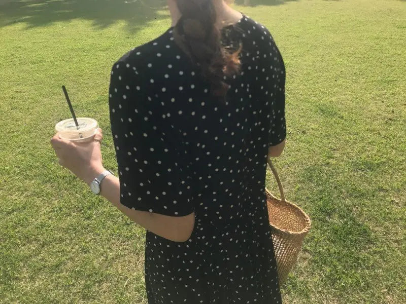 Polka Dot Slim Waist Bandage Long Dress Female Vintage Vestidos with Belt Sundress - Blade & Thread