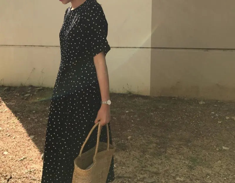 Polka Dot Slim Waist Bandage Long Dress Female Vintage Vestidos with Belt Sundress - Blade & Thread