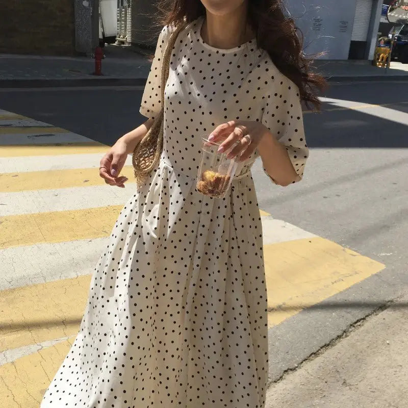 Polka Dot Slim Waist Bandage Long Dress Female Vintage Vestidos with Belt Sundress - Blade & Thread