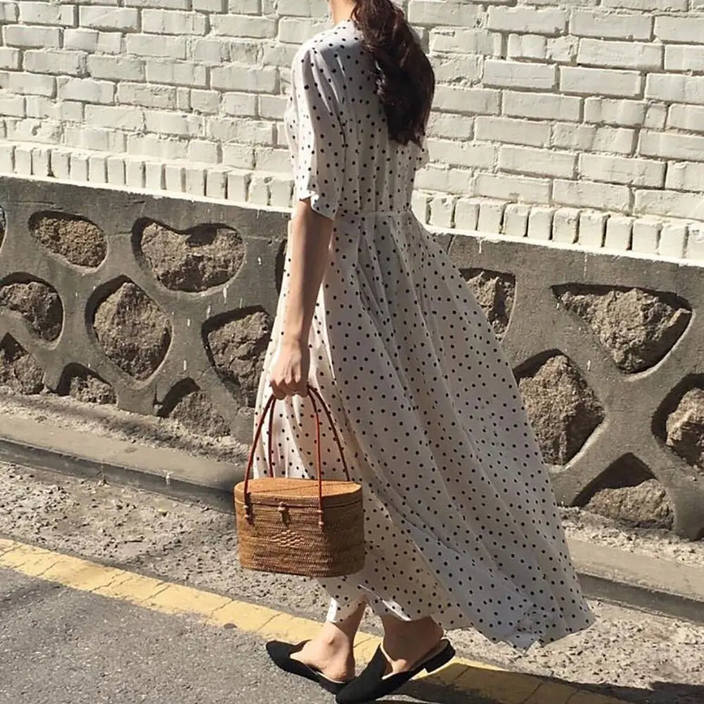 Polka Dot Slim Waist Bandage Long Dress Female Vintage Vestidos with Belt Sundress - Blade & Thread