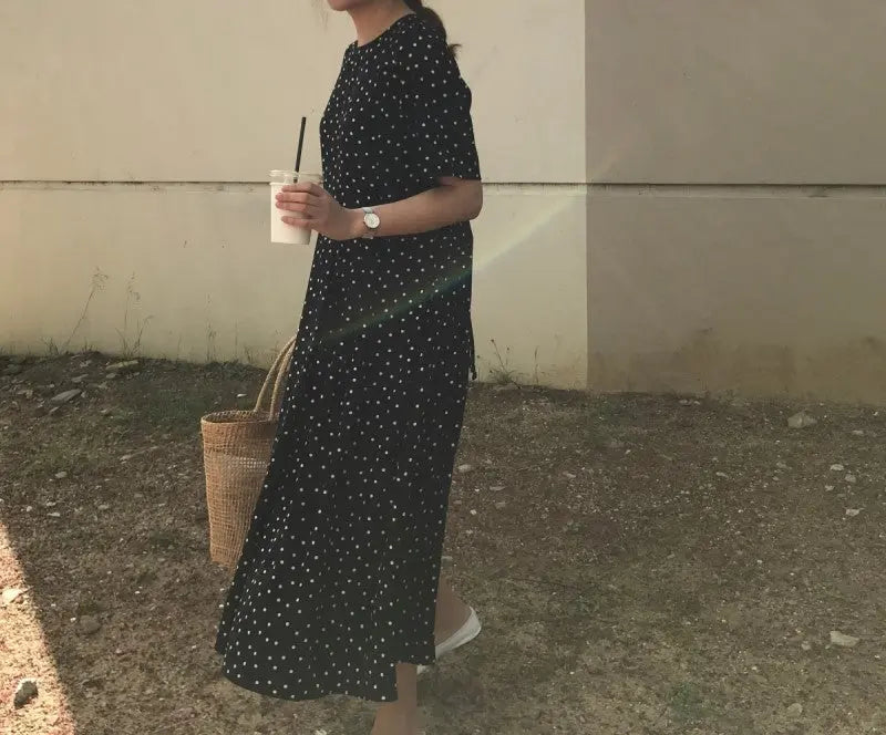 Polka Dot Slim Waist Bandage Long Dress Female Vintage Vestidos with Belt Sundress - Blade & Thread