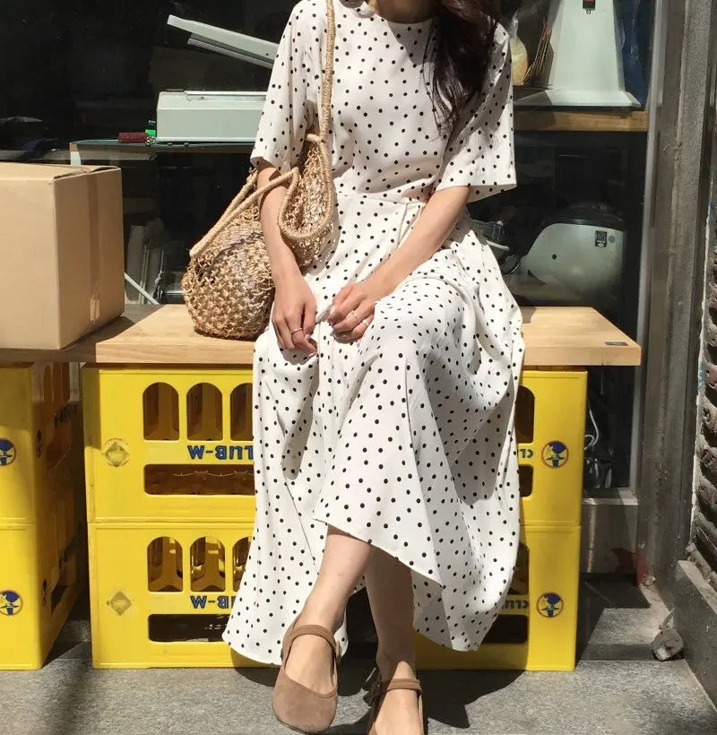 Polka Dot Slim Waist Bandage Long Dress Female Vintage Vestidos with Belt Sundress - Blade & Thread