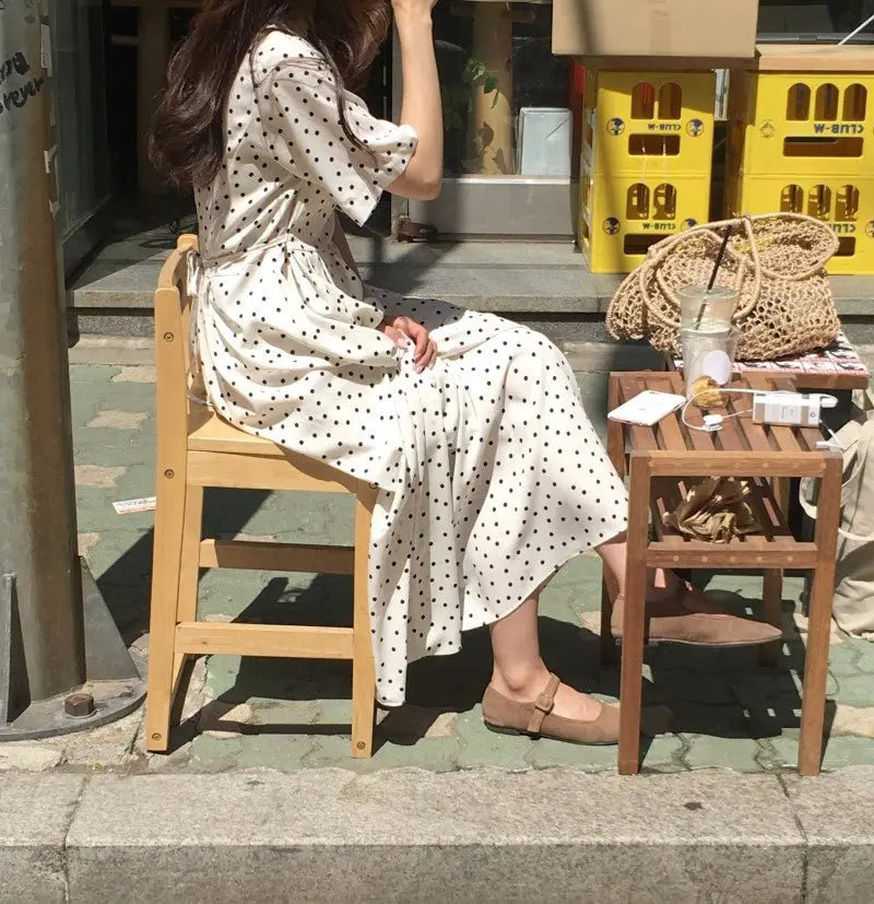 Polka Dot Slim Waist Bandage Long Dress Female Vintage Vestidos with Belt Sundress - Blade & Thread