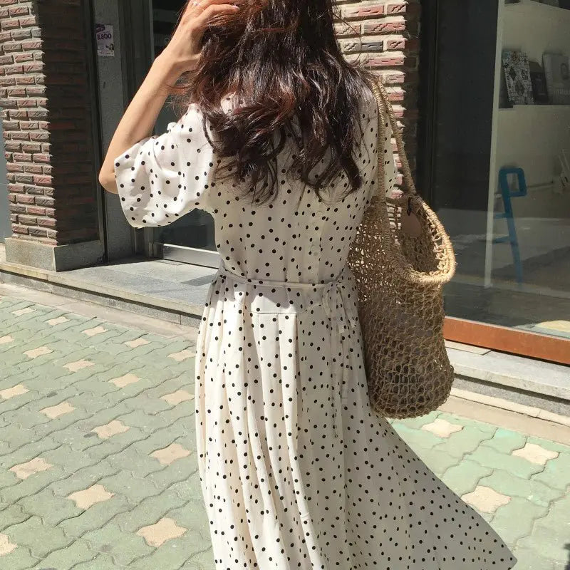 Polka Dot Slim Waist Bandage Long Dress Female Vintage Vestidos with Belt Sundress - Blade & Thread