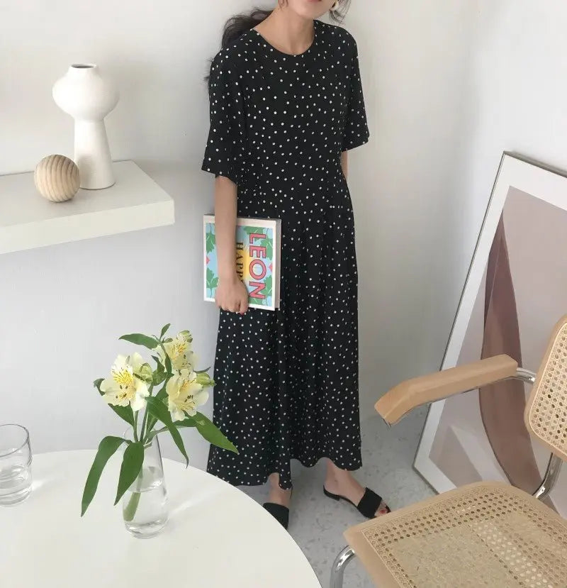 Polka Dot Slim Waist Bandage Long Dress Female Vintage Vestidos with Belt Sundress - Blade & Thread