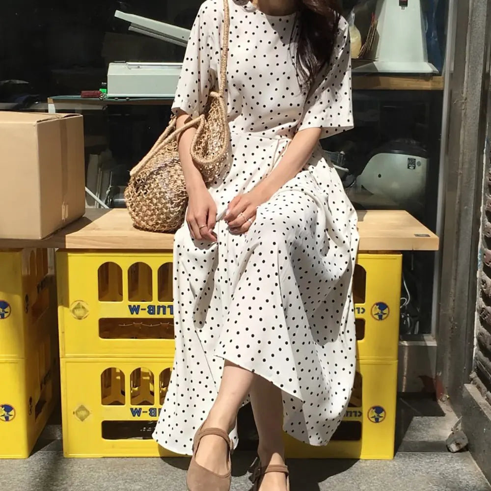 Polka Dot Slim Waist Bandage Long Dress Female Vintage Vestidos with Belt Sundress - Blade & Thread