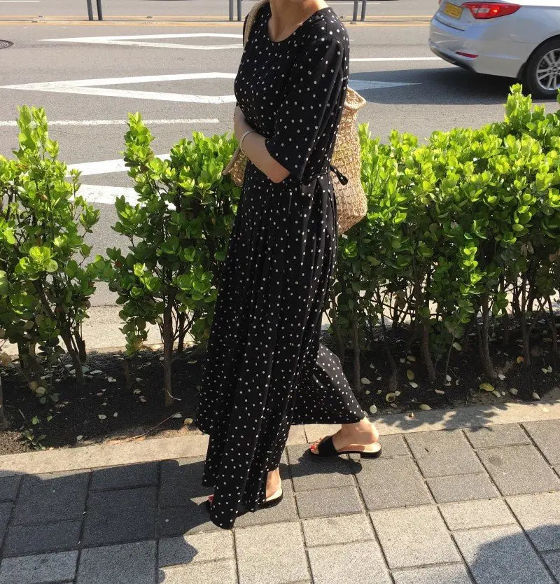 Polka Dot Slim Waist Bandage Long Dress Female Vintage Vestidos with Belt Sundress - Blade & Thread