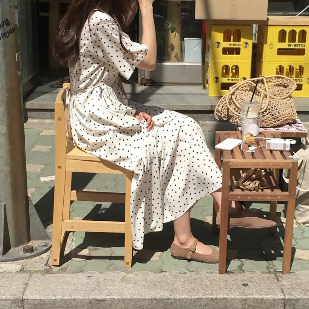 Polka Dot Slim Waist Bandage Long Dress Female Vintage Vestidos with Belt Sundress - Blade & Thread