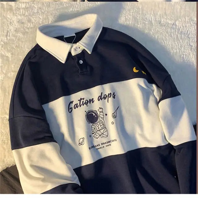 Polo Collar Oversized Letter Print Sweatshirt Long Sleeve Loose Buttons Tops - Blade & Thread