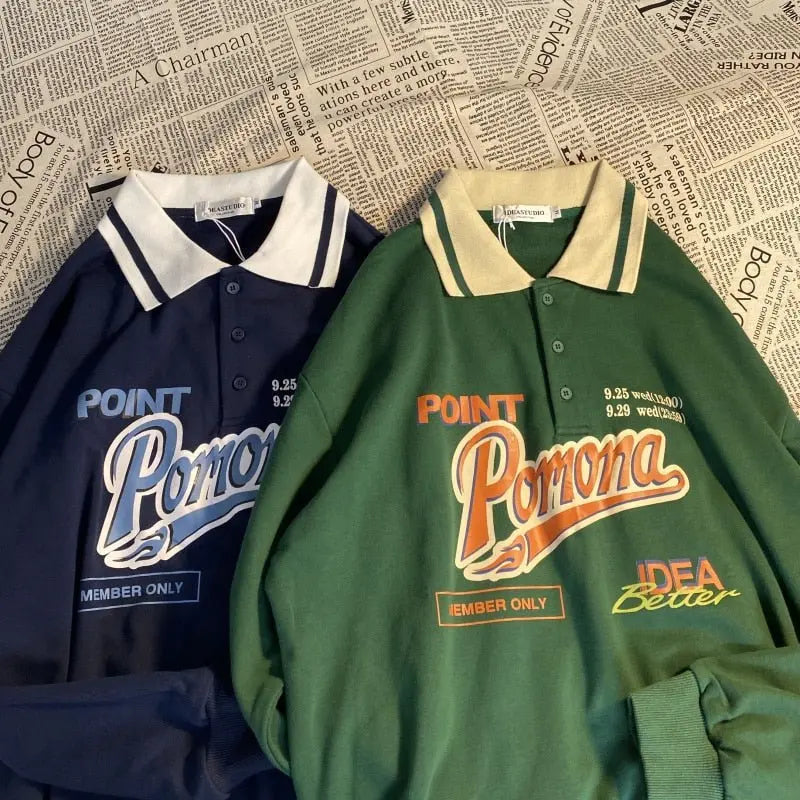 Polo Collar Oversized Letter Print Sweatshirt Long Sleeve Loose Buttons Tops - Blade & Thread