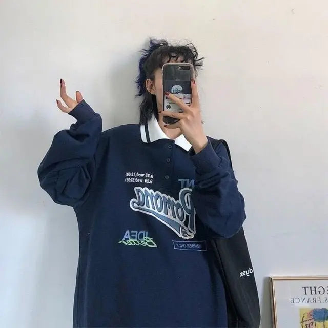 Polo Collar Oversized Letter Print Sweatshirt Long Sleeve Loose Buttons Tops - Blade & Thread