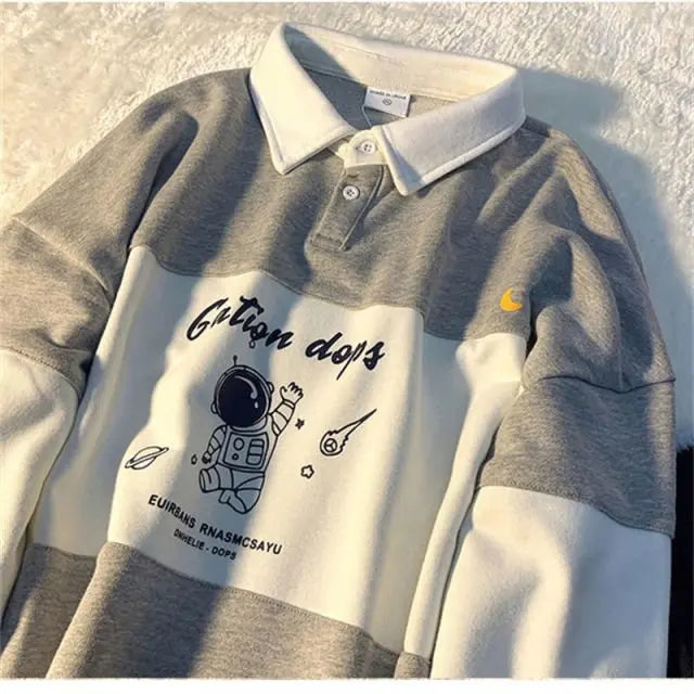 Polo Collar Oversized Letter Print Sweatshirt Long Sleeve Loose Buttons Tops - Blade & Thread