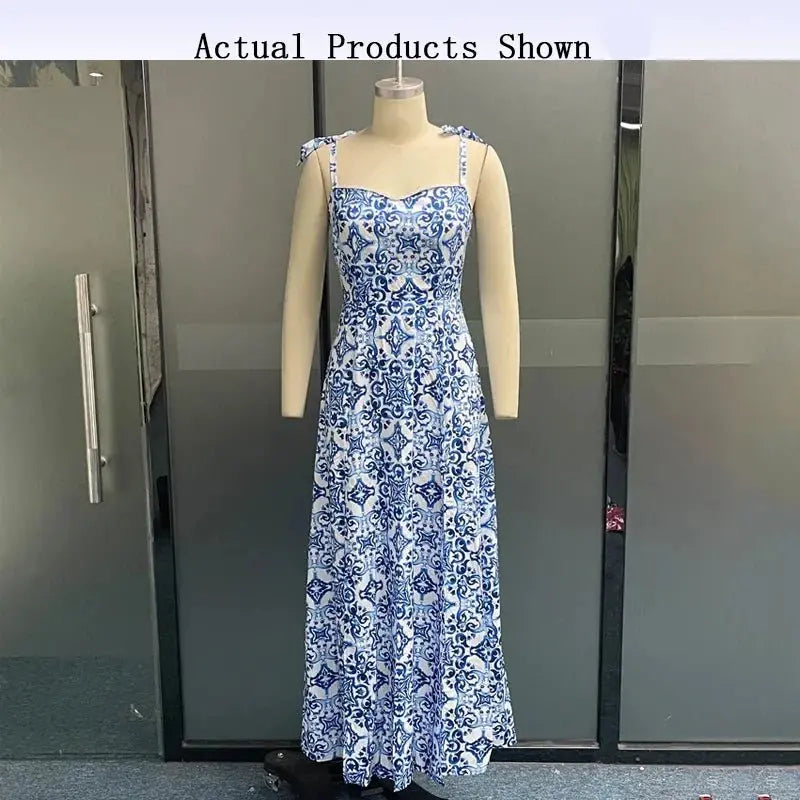 Porcelain Print Slim Strap Sleeveless Tie up Backless Split Dresses - Blade & Thread