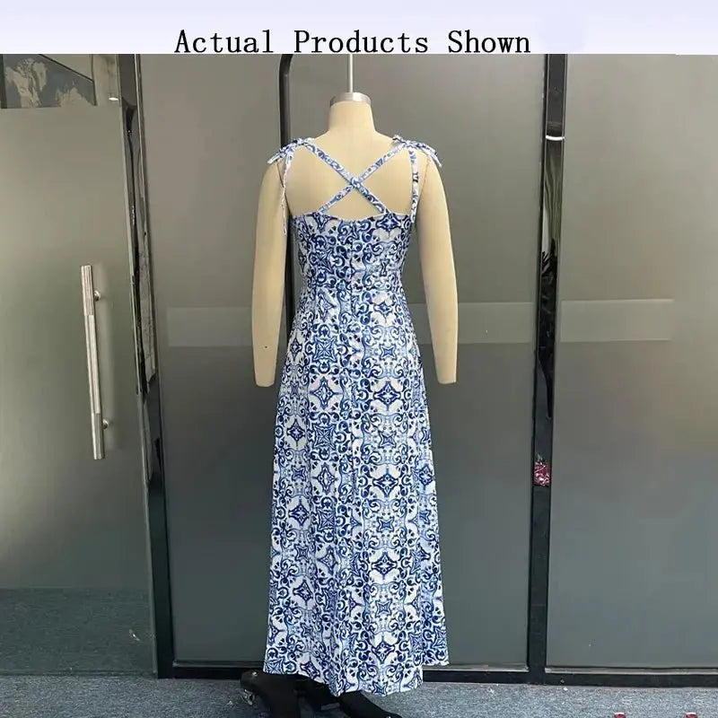 Porcelain Print Slim Strap Sleeveless Tie up Backless Split Dresses - Blade & Thread