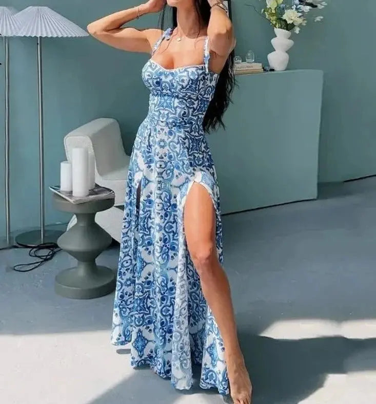 Porcelain Print Slim Strap Sleeveless Tie up Backless Split Dresses - Blade & Thread