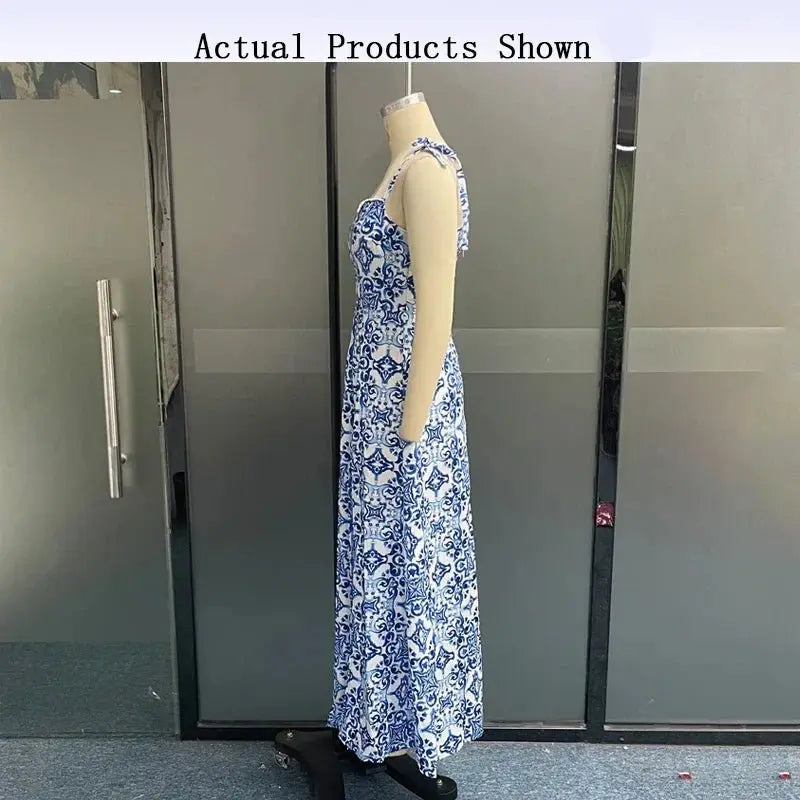 Porcelain Print Slim Strap Sleeveless Tie up Backless Split Dresses - Blade & Thread