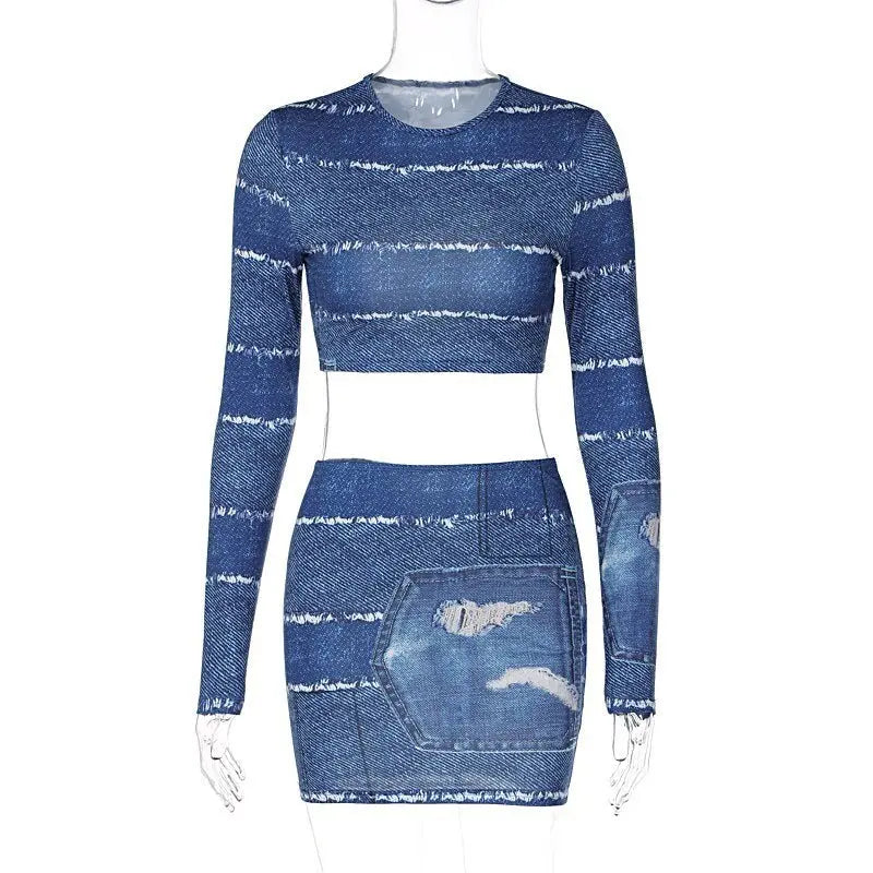 Print O Neck Long Sleeve Vintage Sexy Crop Top Patchwork Skirt 2 Pcs Set - Blade & Thread