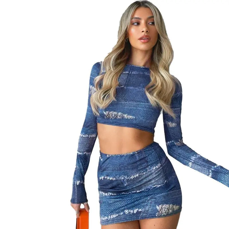 Print O Neck Long Sleeve Vintage Sexy Crop Top Patchwork Skirt 2 Pcs Set - Blade & Thread