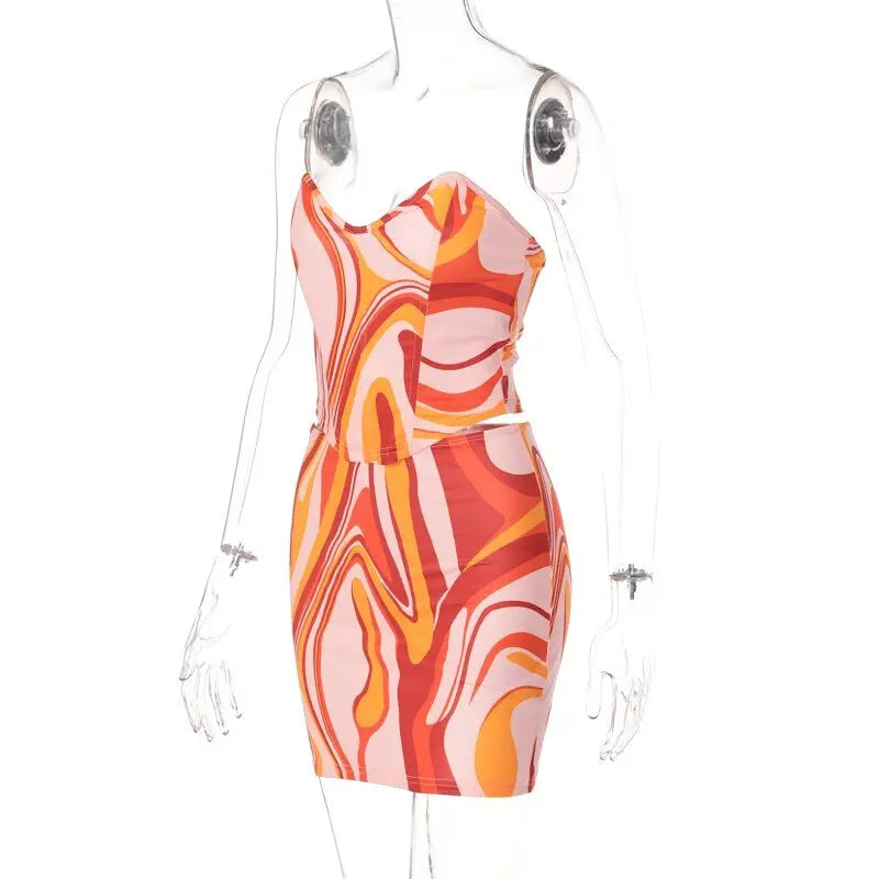 Print Off Shoulder Sleeveless Colorful Crop Top Mini Dress 2 Pieces Suit - Blade & Thread