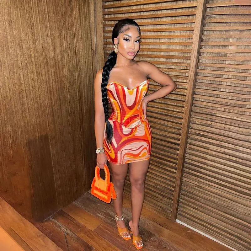 Print Off Shoulder Sleeveless Colorful Crop Top Mini Dress 2 Pieces Suit - Blade & Thread