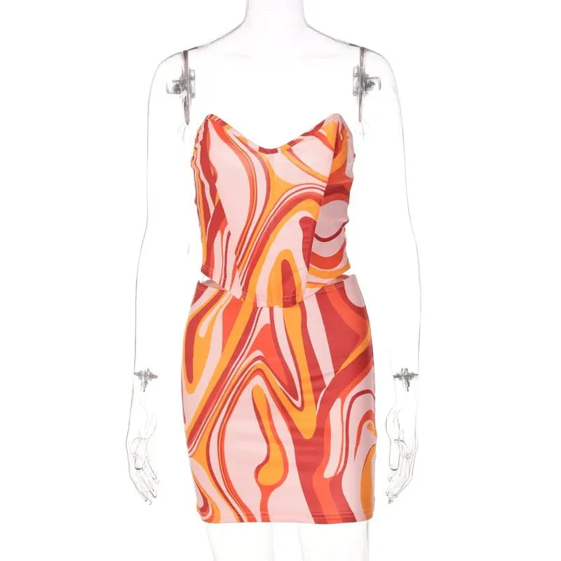 Print Off Shoulder Sleeveless Colorful Crop Top Mini Dress 2 Pieces Suit - Blade & Thread