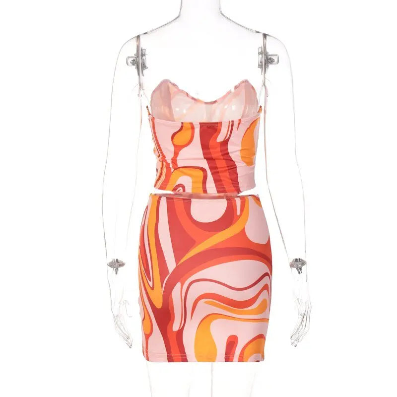 Print Off Shoulder Sleeveless Colorful Crop Top Mini Dress 2 Pieces Suit - Blade & Thread