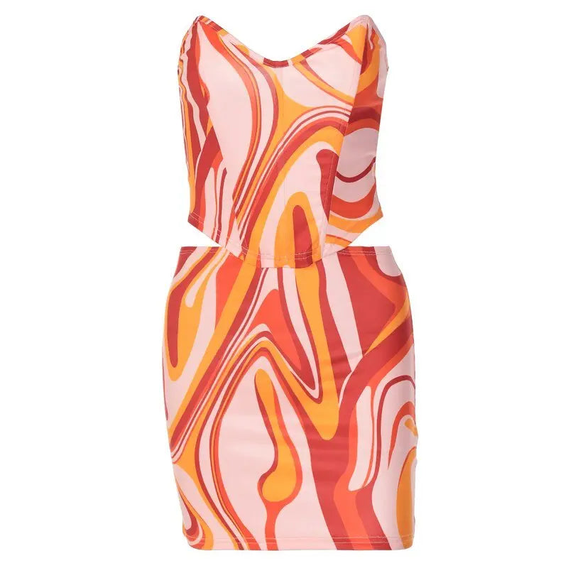 Print Off Shoulder Sleeveless Colorful Crop Top Mini Dress 2 Pieces Suit - Blade & Thread