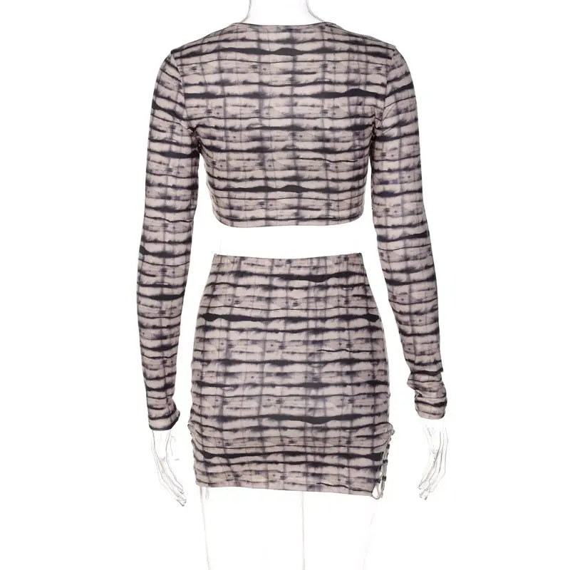 Print Satin Long Sleeve Bandage Crop Top Mini Dress 2 Pieces Set - Blade & Thread